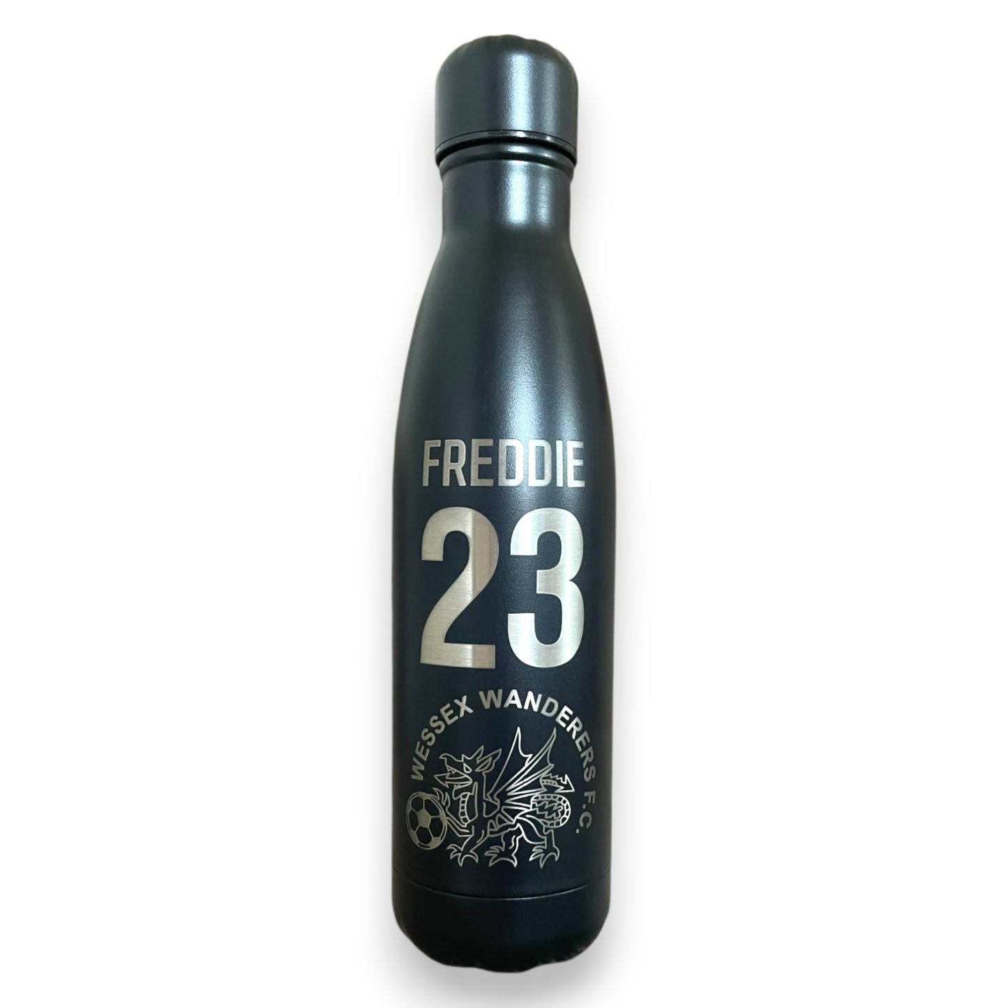 Personalised insulated water bottle with player name and number club crest