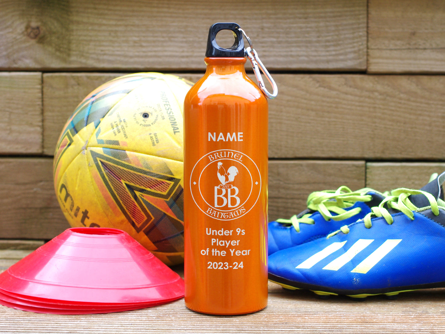 Red Alternative trophy. Engraved water bottle personalised with name, award and club badge