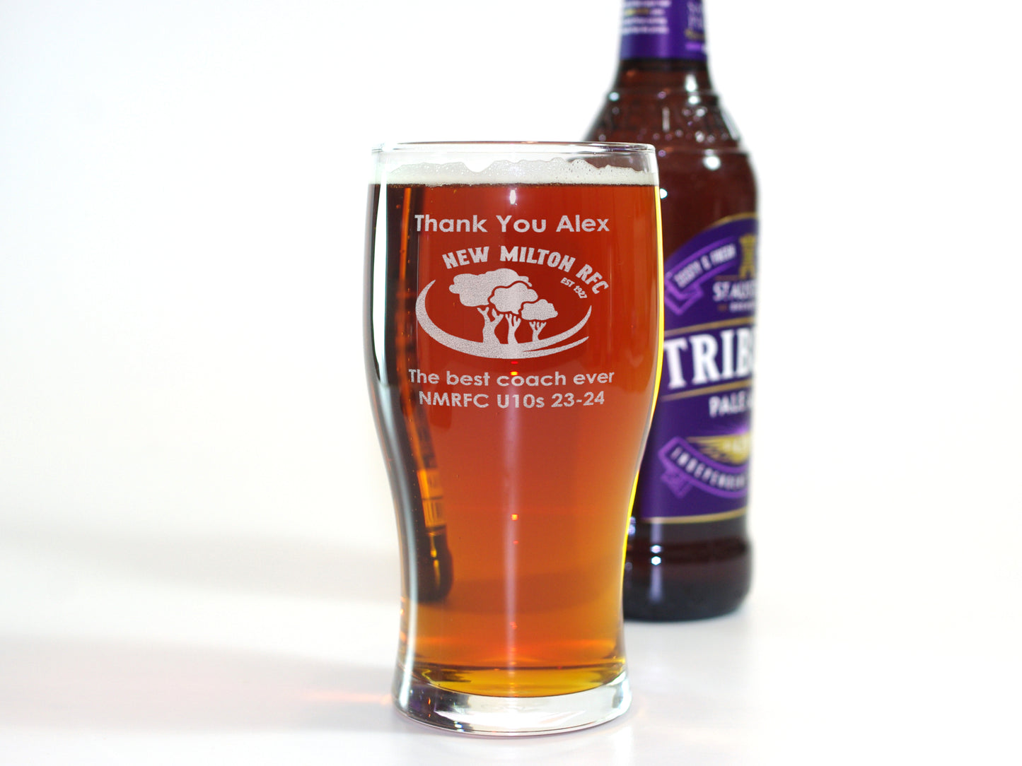 Coach thank you gift. Pint glass personalised with name club badge and message