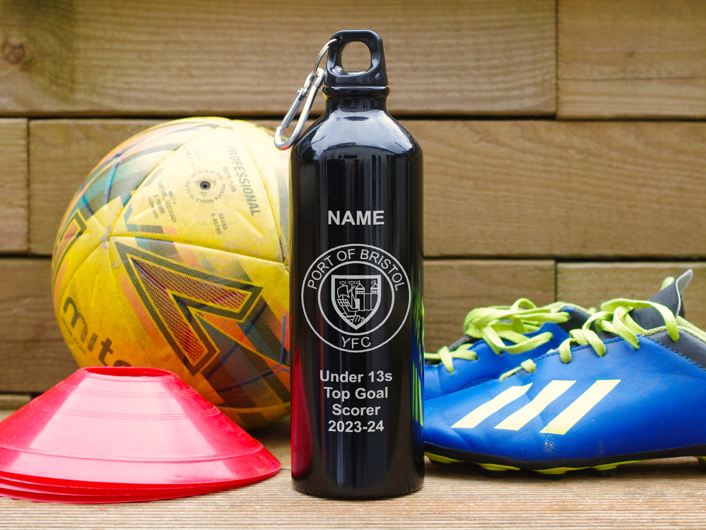 Red Alternative trophy. Engraved water bottle personalised with name, award and club badge