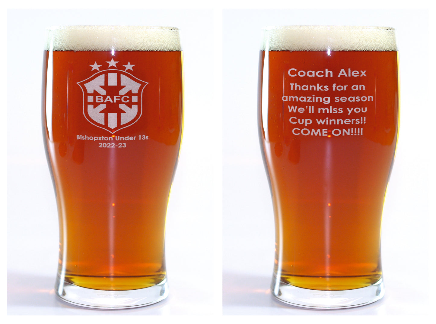 Coach thank you gift. Pint glass personalised with name club badge and message