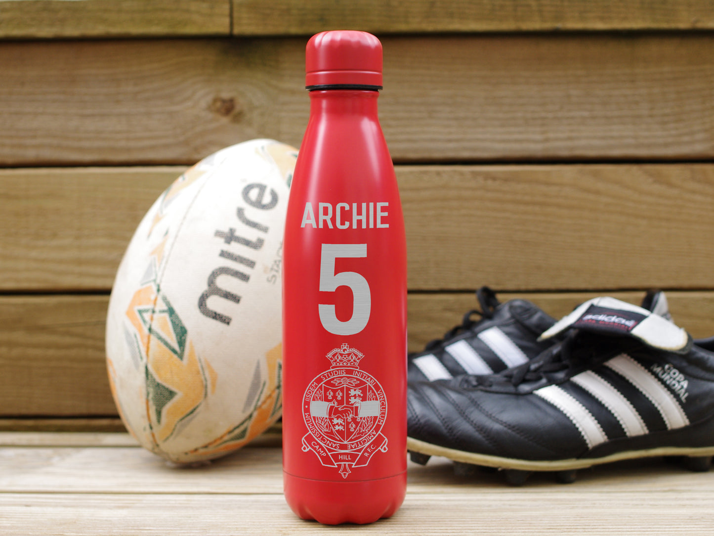 Personalised insulated water bottle with player name and number club crest
