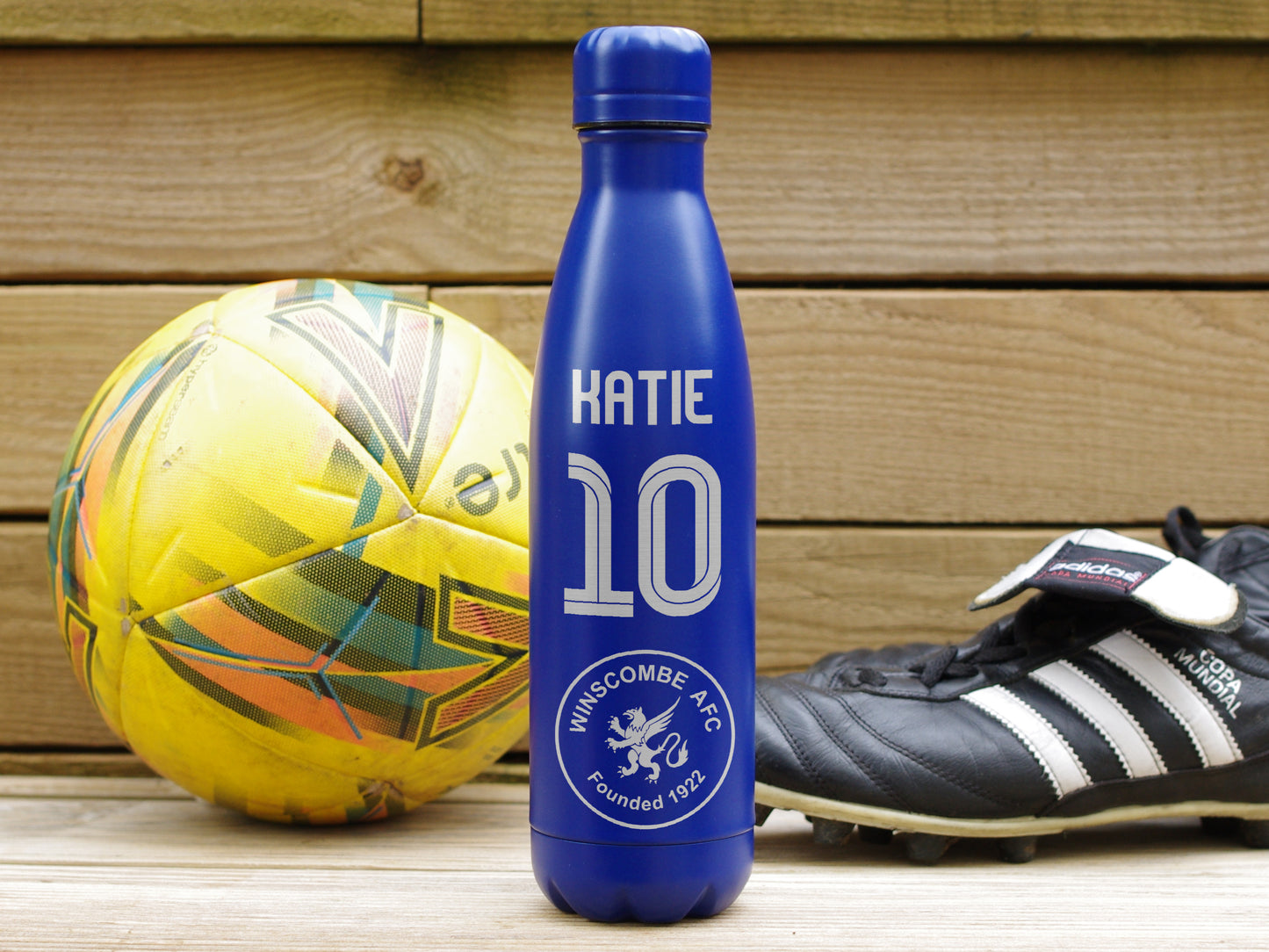 Personalised insulated water bottle with player name and number club crest