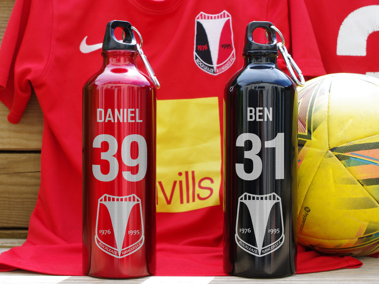 Personalised water bottle with player name and number club crest