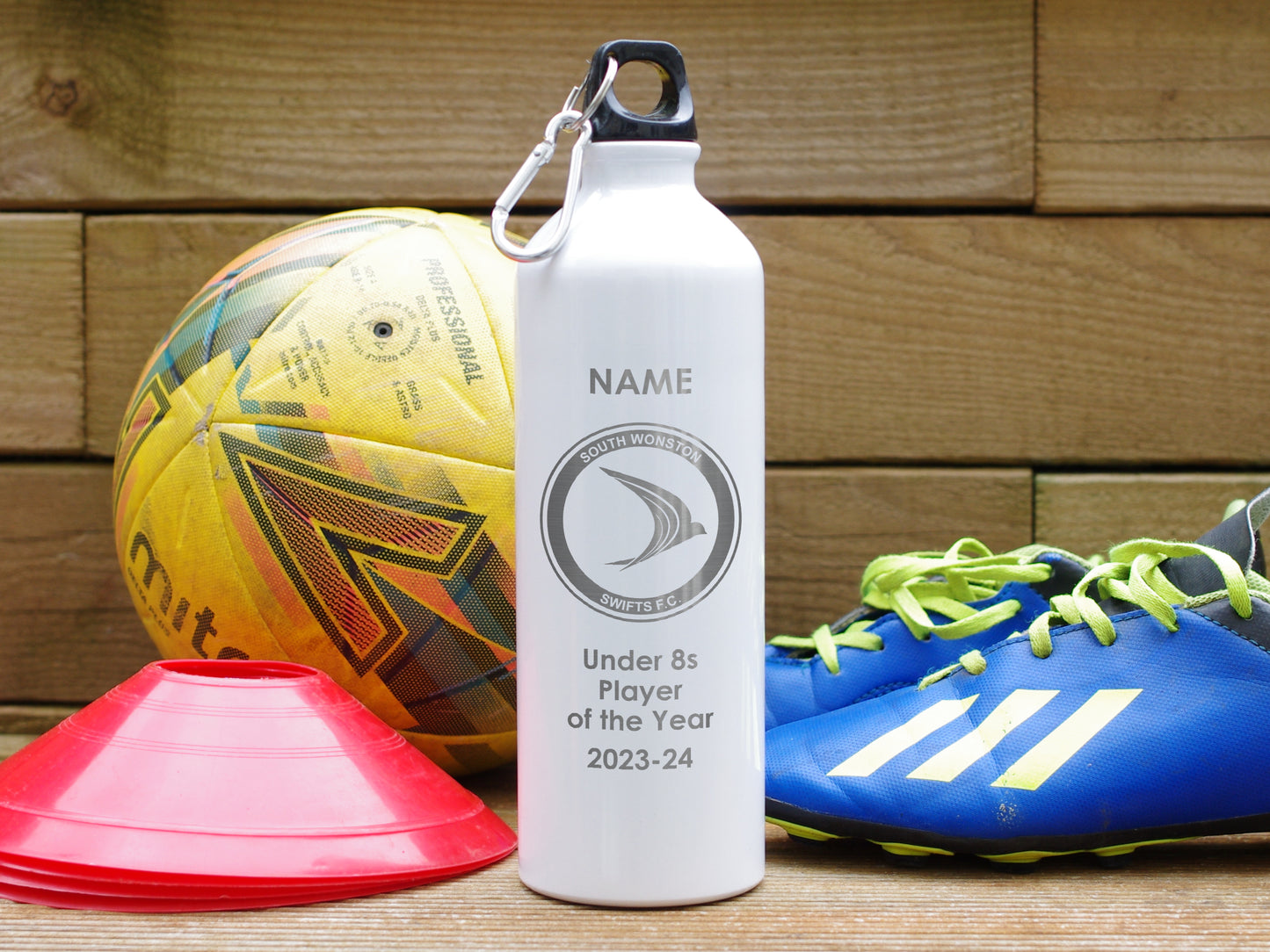 Red Alternative trophy. Engraved water bottle personalised with name, award and club badge