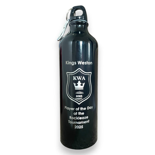 Black Alternative trophy. Engraved water bottle personalised with name, award and club badge