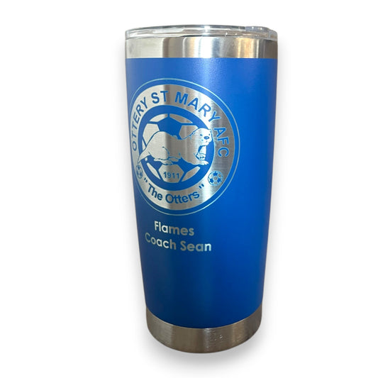 Coach thank you gift. Blue travel mug personalised with name club badge and message