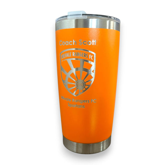 Coach thank you gift. Orange travel mug personalised with name club badge and message