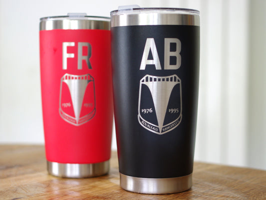 Personalised travel cup with coach initials and club crest