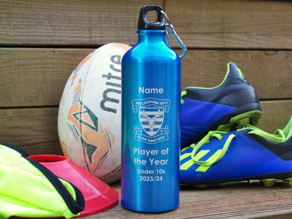 Red Alternative trophy. Engraved water bottle personalised with name, award and club badge