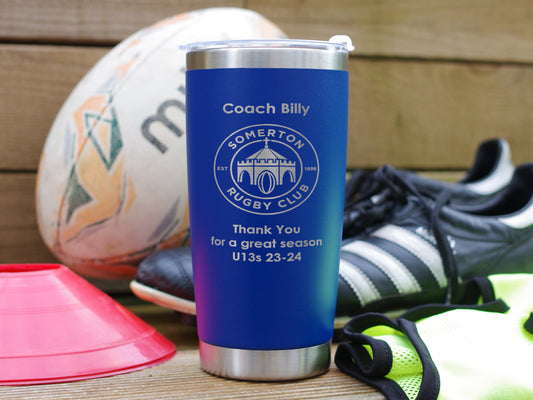 Coach thank you gift. Blue travel mug personalised with name club badge and message (Copy)