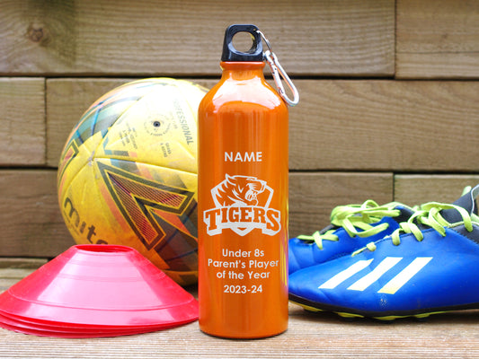 Orange Alternative trophy. Engraved water bottle personalised with name, award and club badge