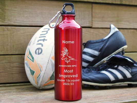 Red Alternative trophy. Engraved water bottle personalised with name, award and club badge