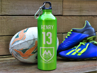Personalised water bottle with player name and number club crest