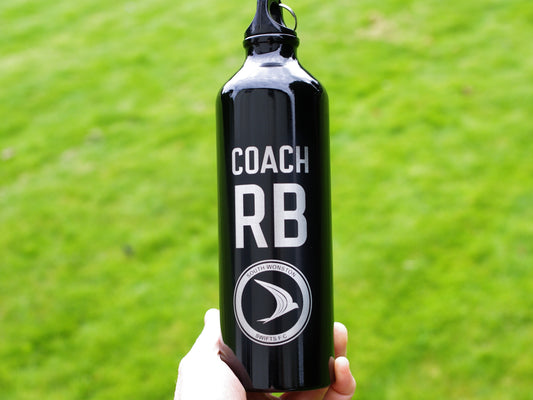 Personalised water bottle with coach initials and club crest