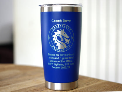 Coach thank you gift. Blue travel mug personalised with name club badge and message (Copy)