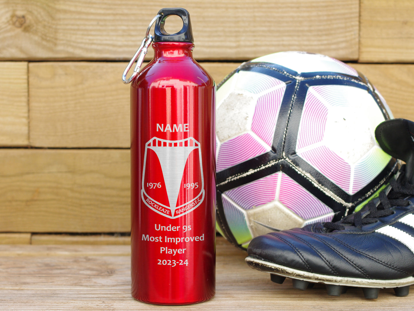 Red Alternative trophy. Engraved water bottle personalised with name, award and club badge