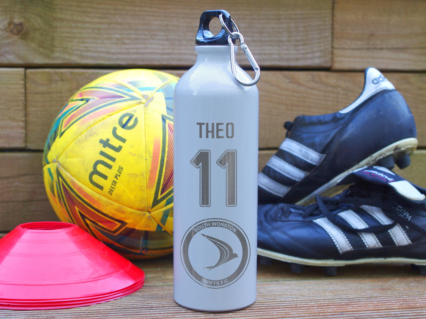 Personalised water bottle with player name and number club crest