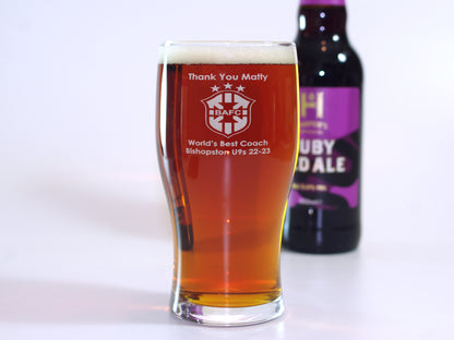 Coach thank you gift. Pint glass personalised with name club badge and message