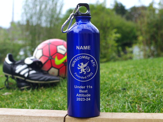 Blue Alternative trophy. Engraved water bottle personalised with name, award and club badge